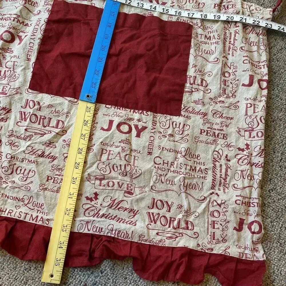 VTG Christmas Holiday Bib Apron Sz 26”x32” w/Pocket Red Tan Love Joy Cottagecore